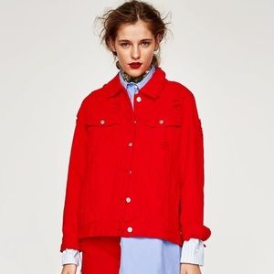 Zara Red Distressed Jean Jacket